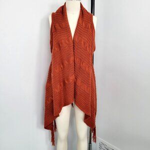 Lildy Rust Orange Knit Fringe Shawl Vest S/M Open Front Boho Lagenlook Layering